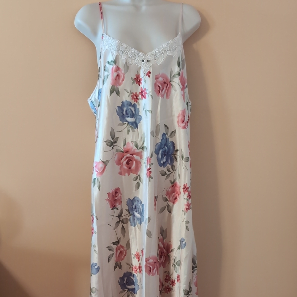 Floral Satin Nightgown with Lace Trim